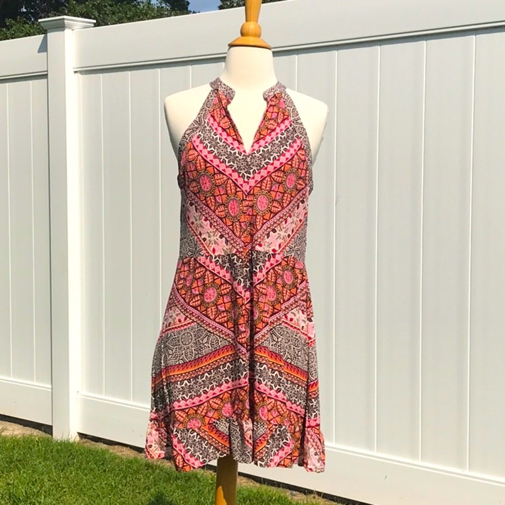 Miami Boho Brown Orange Pink Cream Floral Printed Halter Midi Dress Size Medium - Picture 2 of 16